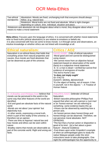 OCR A level Religious Studies 2019 - Religion and Ethics - Meta Ethics