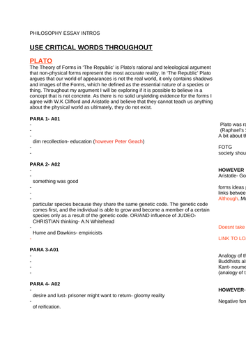 OCR RELIGIOUS STUDIES- Plato and Aristotle ESSAY PLANS