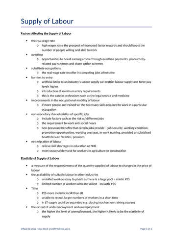A Level Economies - The Supply of Labour | Teaching Resources