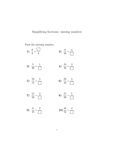 Simplifying fractions: missing numbers worksheet (with answers ...