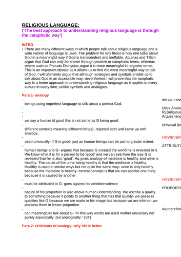 OCR RELIGIOUS STUDIES-Religious Language ESSAY PLANS