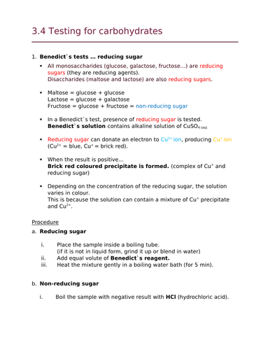 OCR Biology A Chapter 3 Lipids / Carbohydrate Test Summary (New Spec)