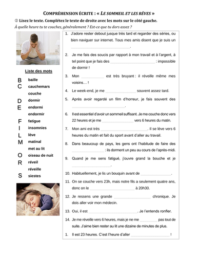 French Activity About Rest Sleep And Dreams 3 Exercises Answers Teaching Resources