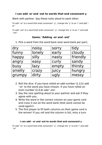 Adding Er And Est To Words Ending In Y Worksheet