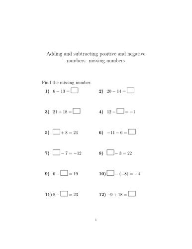 Adding and subtracting positive and negative numbers: missing numbers ...