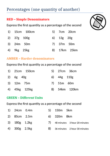 Percentages   One Quantity Of Another Differentiated Worksheet