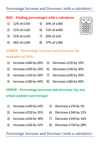 Increasing And Decreasing Percentages Worksheets