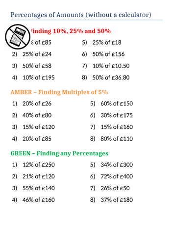 percentages-of-amounts-without-a-calculator-differentiated-worksheets