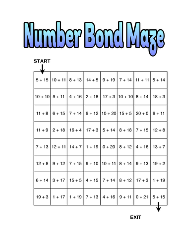 ks1 year 12 mathematics number bonds to 20 maze game worksheet