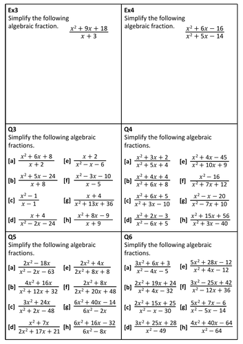 Simplifying algebraic fractions (Quadratics) | Teaching Resources