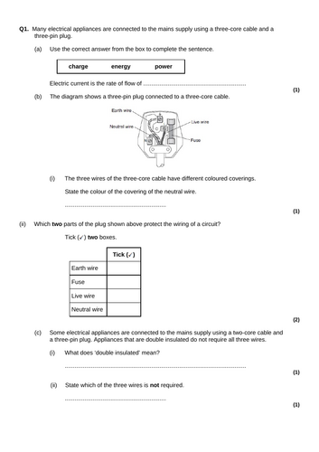 NEW AQA GCSE (2016) Physics - Cables & Plugs