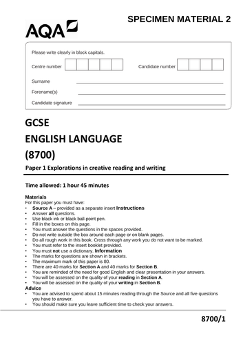 AQA STYLE English Language Paper 1 Sample Exam Paper | Teaching Resources