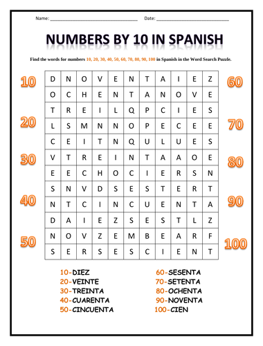 NUMBERS BY 10 IN SPANISH Word Search Puzzle Teaching Resources