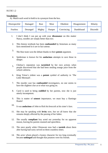 Exercise 2 - Year 9,10,11 Vocabulary Practice