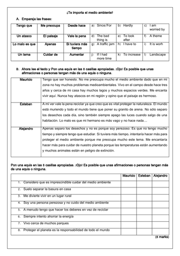 Spanish GCSE ¿Te importa el medio ambiente?: Environment reading & translation worksheet