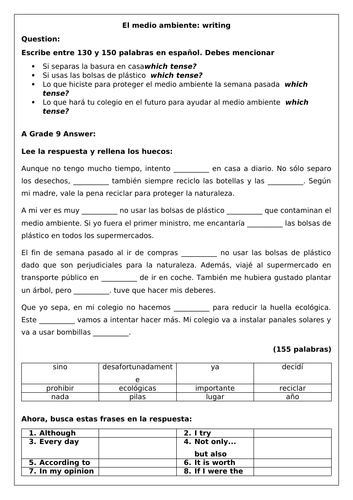 Spanish GCSE Environment Writing Scaffolds & Model Answers | Teaching ...