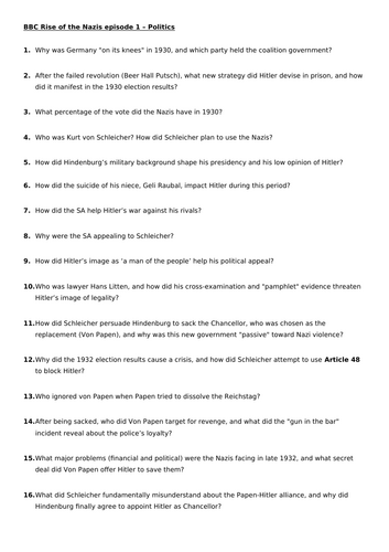 BBC Rise of the Nazis documentary episodes 1-3 question sheets
