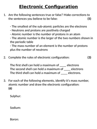 NEW AQA GCSE (2016) Chemistry  - Electronic Configuration Homework