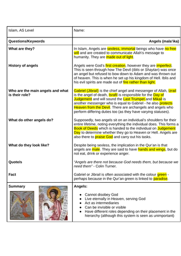 A Level religious studies Islam - Angels (mala'ika)