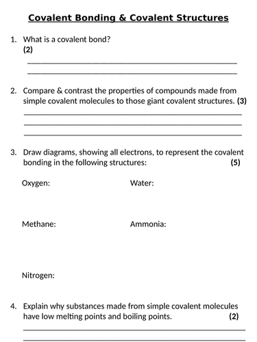 NEW AQA GCSE (2016) Chemistry - Covalent Bonding & Covalent Structure Homework