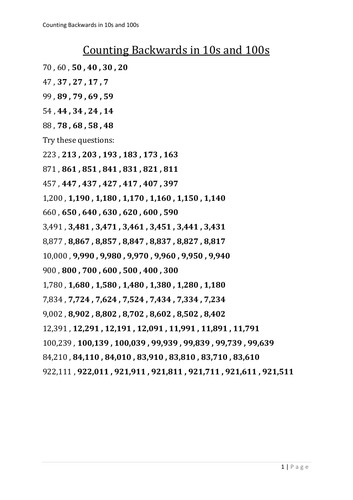 Counting Backwards in 10s and 100s | Teaching Resources