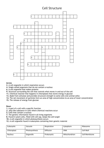 Cell Structure Crossword Teaching Resources