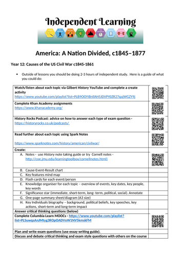 Aqa 2j America A Nation Divided C1845 1877 Independent Study Guides Teaching Resources