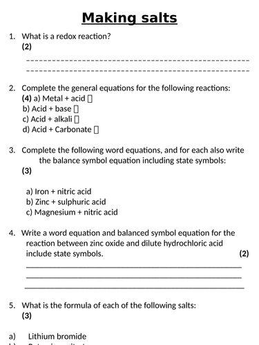 NEW AQA GCSE (2016) Chemistry  - Making Salts Homework