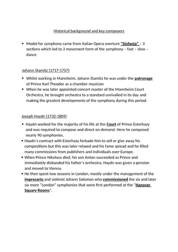 A-Level EDUQAS Development of the symphony - key information (pairs with research task)