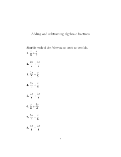 Adding and subtracting algebraic fractions (easy) worksheet (with