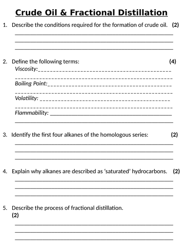 NEW AQA GCSE (2016) Chemistry - Crude Oil & Fractional Distillation Homework