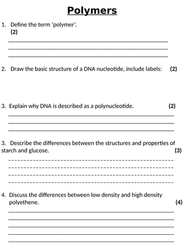 NEW AQA GCSE (2016) Chemistry  - Polymers Homework