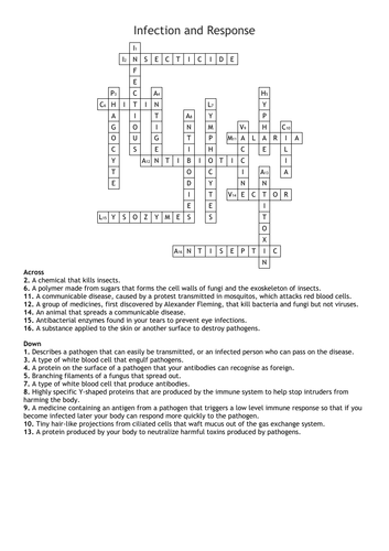 Infection and Response Crossword Teaching Resources