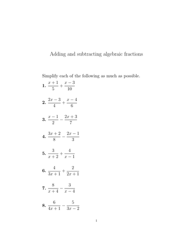 Adding and subtracting algebraic fractions (harder) worksheet (with ...