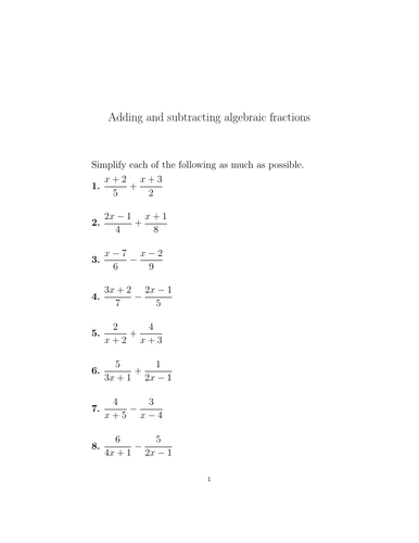 Adding and subtracting algebraic fractions (harder) worksheet no 3 ...
