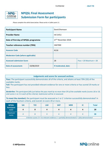 NPQSL complete submission: achieved FULL marks | Teaching Resources