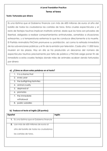 Spanish A Level la tauromaquia: translations on bullfighting & Spanish festivals with answers