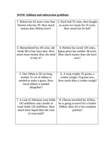 Midsummer Night's Dream Addition and subtraction word problems KS2 Shakespeare