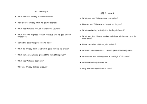 13 Knowledge Quizzes For Edexcel 9 1 Henry VIII Teaching Resources