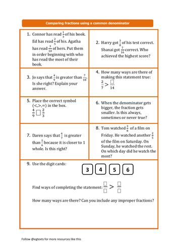 comparing and ordering fractions problem solving