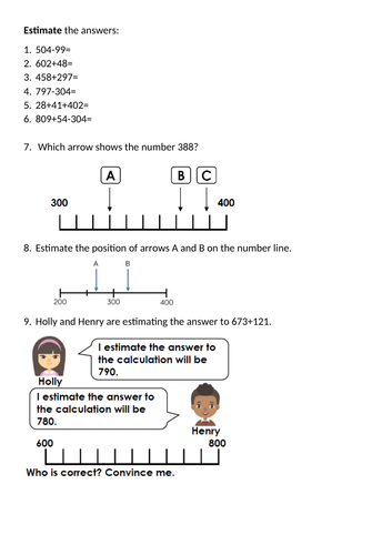 3 digit addition and subtraction and estimation | Teaching Resources