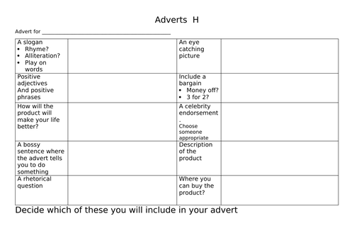 Advert plans and products | Teaching Resources