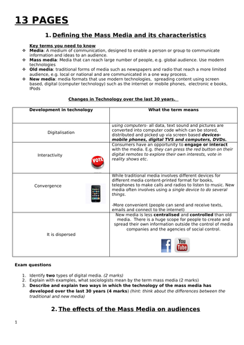 Sociology 13 Pages - Media revision booklet good