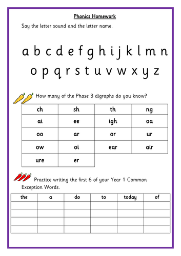 phonics homework year 1 tes