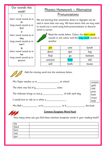 Phase 5 Alternative Pronunciations Homework Year 1/ KS1