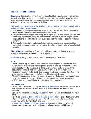 OCR RELIGIOUS STUDIES- Challenge of secularism NOTES