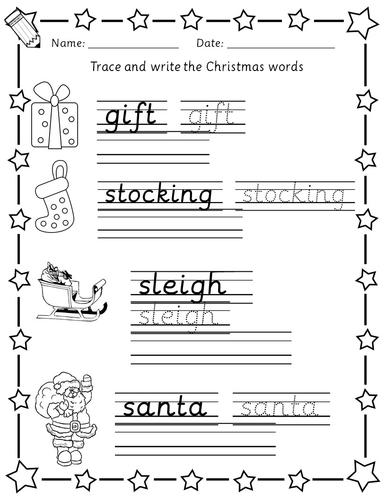 christmas phonics handwriting vocabulary worksheets eyfs