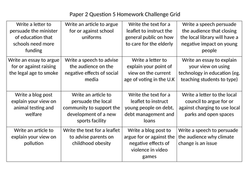 AQA Language Paper 2 Question 5 Challenge Grid | Teaching Resources