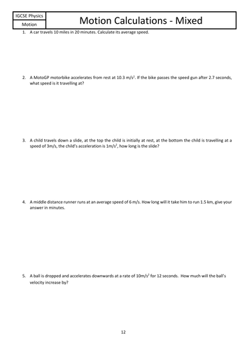 GCSE Motion Mixed Calculations