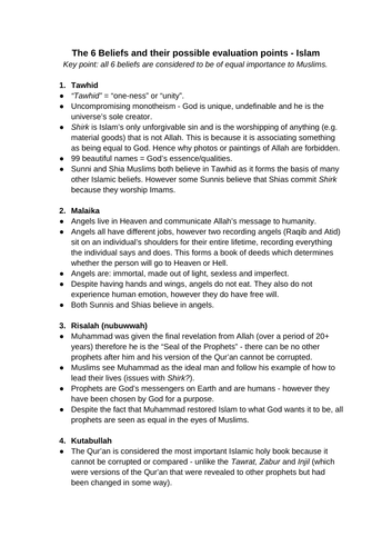 AS Level RS - summary of the six beliefs (Islam)